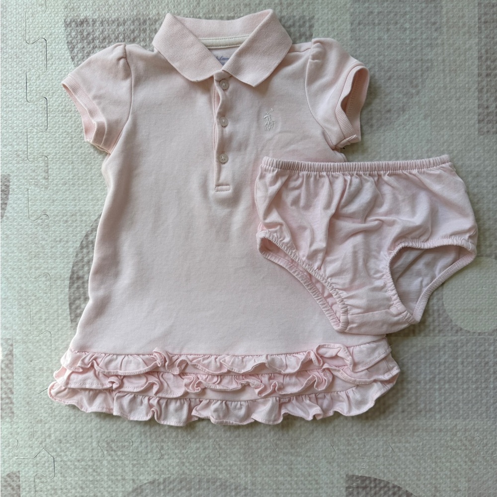 Ralph Lauren Baby Girl Pink Polo Dress & Bloomers Set 9 Months